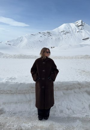 Persona con abrigo oscuro y guantes de pie sobre suelo nevado con montañas cubiertas de nieve y cielo azul de fondo.