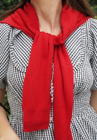 Roter gestrickter Schal, der um den Hals drapiert ist, kombiniert mit einem schwarz-weißen karierten Kleid mit Rüschendetails und Knopfakzenten.