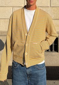 Črtast rumeno-beli pulover s gumbi in dvema žepoma; nošen preko bele srajce in kombiniran z modrimi jeans hlačami. Priložnostna zasnova.