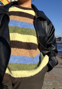 Maglione a maglia con righe orizzontali in giallo, marrone, blu, verde e beige, abbinato a una giacca di pelle nera con una finitura texturizzata.