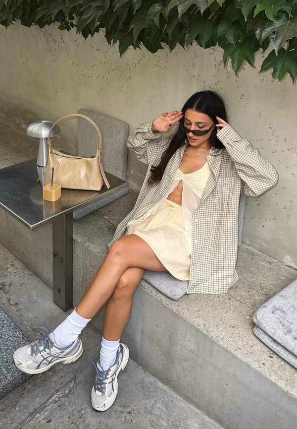 Femme portant une tenue beige et une veste à carreaux ajuste ses lunettes de soleil en s’asseyant sur un banc en béton avec une table sur laquelle se trouvent un sac à main beige et un café glacé.