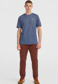 Sinise puuvillane t-särk ümmarguse kaelusega ja lühikeste varrukatega, millel on rindkere peal väike logo. Kandev pruunide pükste ja pruuni spordijalatsiga.