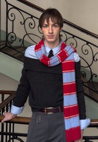 Jeune personne debout près d'une rampe noire ornée sur des escaliers, portant une chemise bleue, un pull noir, une écharpe rayée rouge et bleue, et un pantalon gris.