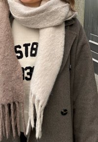 Personne portant un manteau marron, un pull en tricot crème avec des lettres noires, et une épaisse écharpe bicolore beige avec des franges.