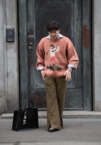 Persiku krāsas adīta džemperis ar izšūtu figūru, pelēka apkakles krekls, brūni bikses un melna lielā somiņa ar piekariņu detaļu.