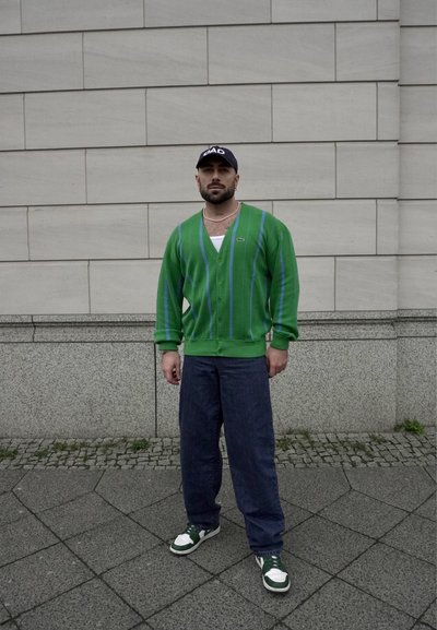 Cárdigan verde con rayas azules, camiseta blanca, pantalones de mezclilla oscuros y zapatillas verdes/blancas. De pie sobre pavimento texturizado.
