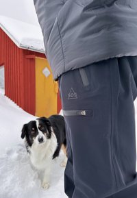 Donkergrijze outdoorbroek met een logo, ritszakdetails, staande in de sneeuw naast een zwart-witte hond in een besneeuwde omgeving.