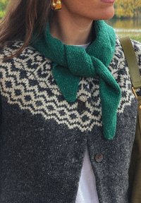 Cardigan in lana grigio scuro con motivo geometrico bianco, dotato di bottoni neri. Una sciarpa in maglia verde è annodata attorno al collo.