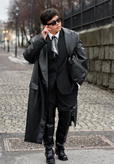 Abrigo largo de cuero negro sobre un traje de rayas, camisa blanca con corbata, gafas de sol negras y botas negras hasta la rodilla con hebillas.