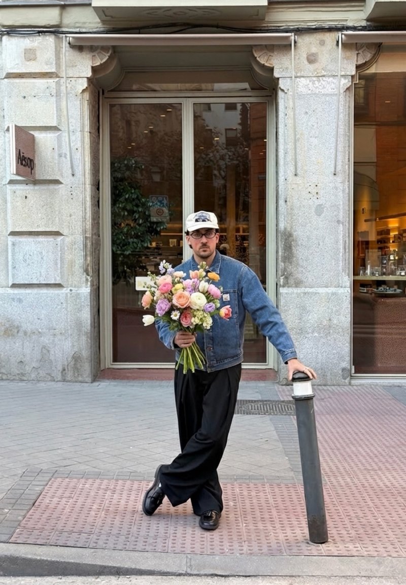 Homem de jaqueta de ganga e boné segura um bouquet de flores colorido, encostado num poste preto numa calçada da cidade perto da entrada de uma loja.