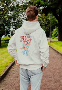 Γκρι φούτερ με καπέλο, διακοσμημένο με ένα πολύχρωμο γραφικό στην πλάτη, που περιλαμβάνει αφηρημένα σχήματα και φυσικά μοτίβα, σε φόντο ενός πράσινου πάρκου.