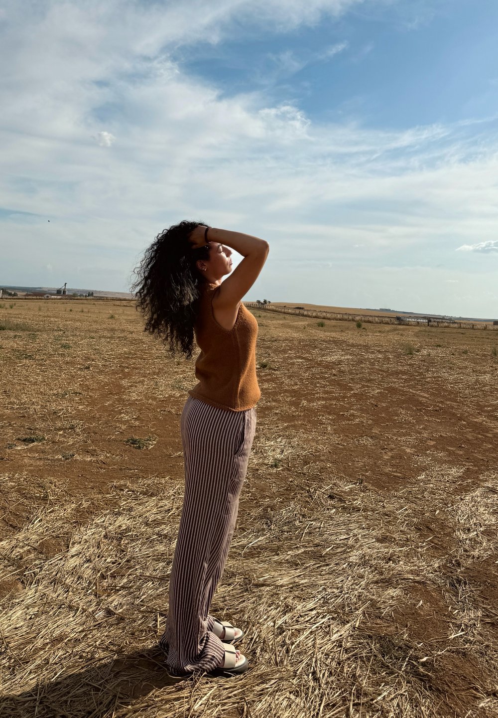 Top senza maniche di maglia marrone, pantaloni a gamba larga a righe beige e marrone, e sandali bianchi. In piedi in un campo asciutto e aperto sotto un cielo blu.