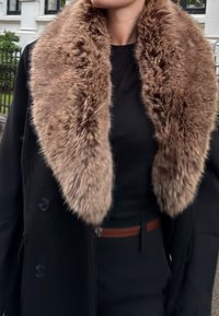 Manteau noir avec un grand col en fausse fourrure douce aux nuances de brun. Comprend une fermeture à boutons et un haut noir élégant avec une ceinture marron.
