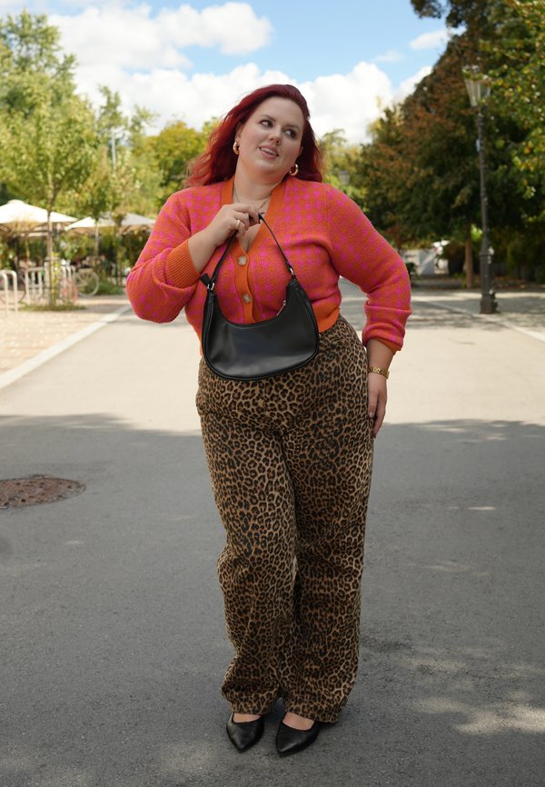 Sac à main noir, cardigan à motifs orange et rose, pantalon léopard, ballerines noires à bout pointu ; cadre extérieur avec des arbres et des nuages légers.