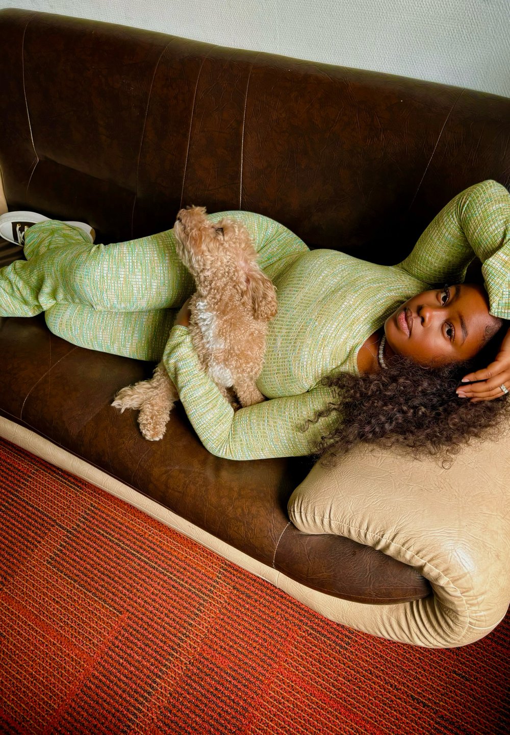 Πράσινο υφασμάτινο σύνολο με εφαρμοστή γραμμή, σε συνδυασμό με έναν ανοιχτό καφέ σκύλο σε καναπέ από καφέ δέρμα, και ένα χαλί με πορτοκαλί σχέδιο από κάτω.