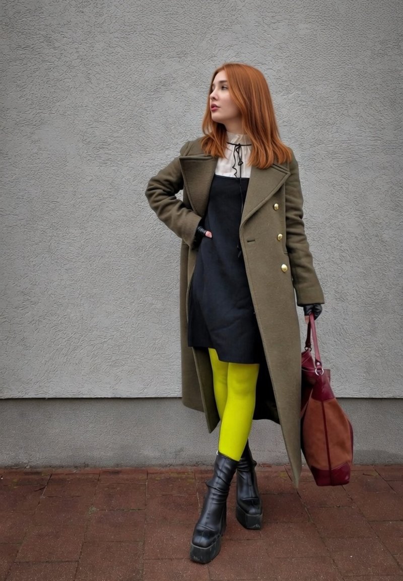 Femme aux cheveux roux se tient contre un mur gris texturé, portant un manteau olive, une robe noire, des collants jaune vif, des bottes noires, et tenant un grand sac marron.