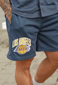 Pantaloni sportivi grigi realizzati in tessuto a rete traspirante, con il logo dei 'LOS ANGELES LAKERS' in giallo e viola e un design di pallacanestro.