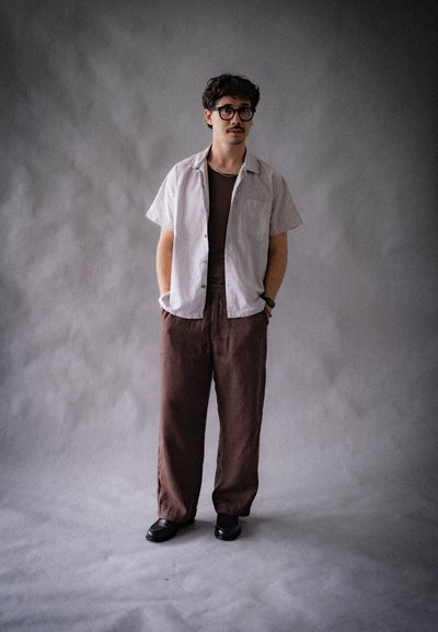 Camisa de botones de manga corta a rayas en blanco y azul claro; pantalones sueltos de color marrón; zapatos negros; textura natural.