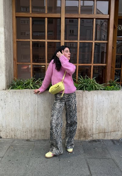 Mujer con suéter rosa, pantalones con estampado de serpiente y bolso amarillo, de pie en la acera de la ciudad junto a una jardinera de piedra con plantas verdes y una gran ventana de madera.