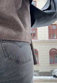 Rudas vilnonis megztinis, juoda odinė rankinė ir pilki džinsai su išskirtiniu užpakaliniu kišeniu; švelni tekstūra ir pritaikytas siluetas.