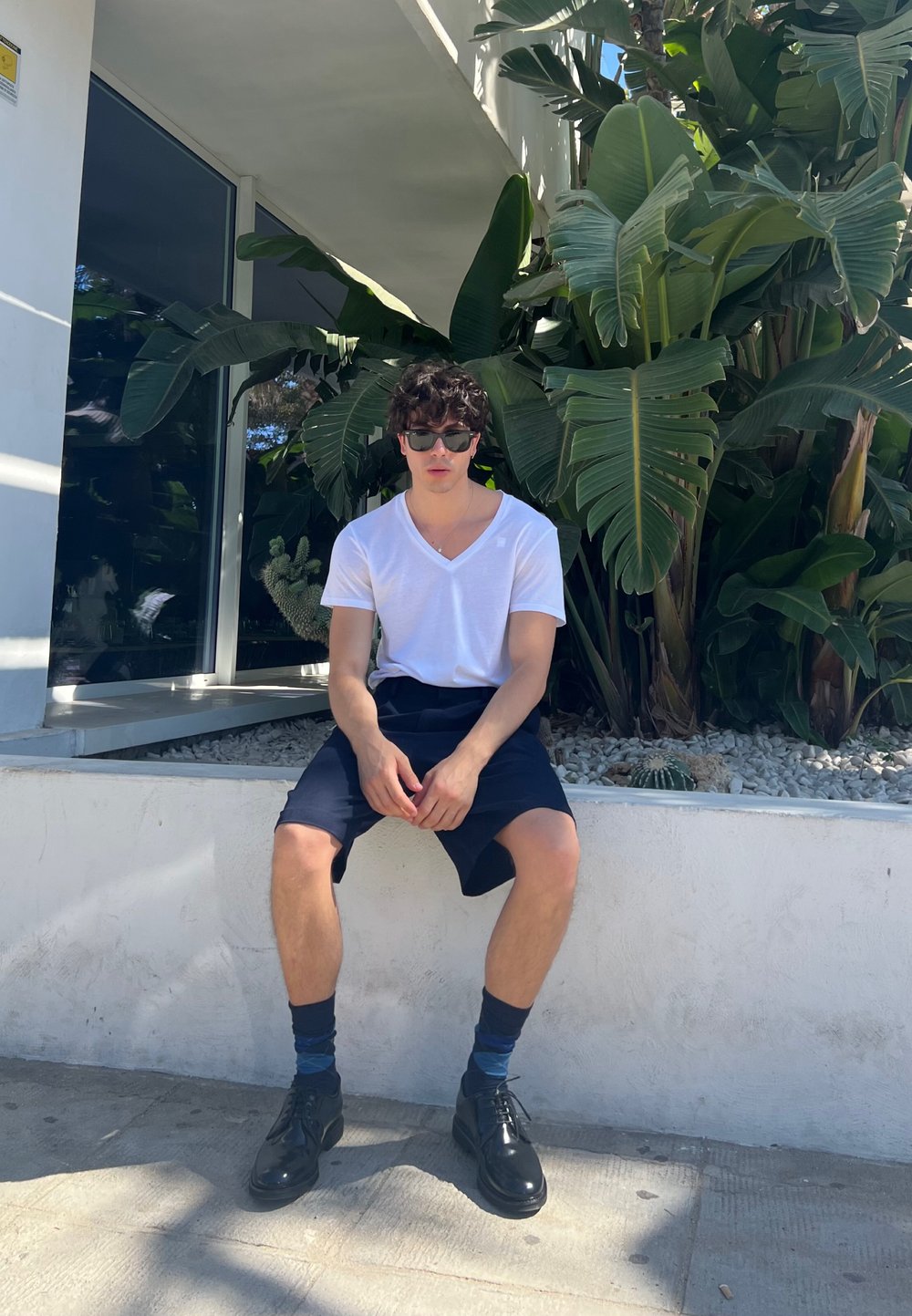 T-shirt bianca a V, pantaloni corti blu navy, calze con motivo blu e nero, scarpe nere. Circondato da grandi piante verdi, seduto su un muro bianco.
