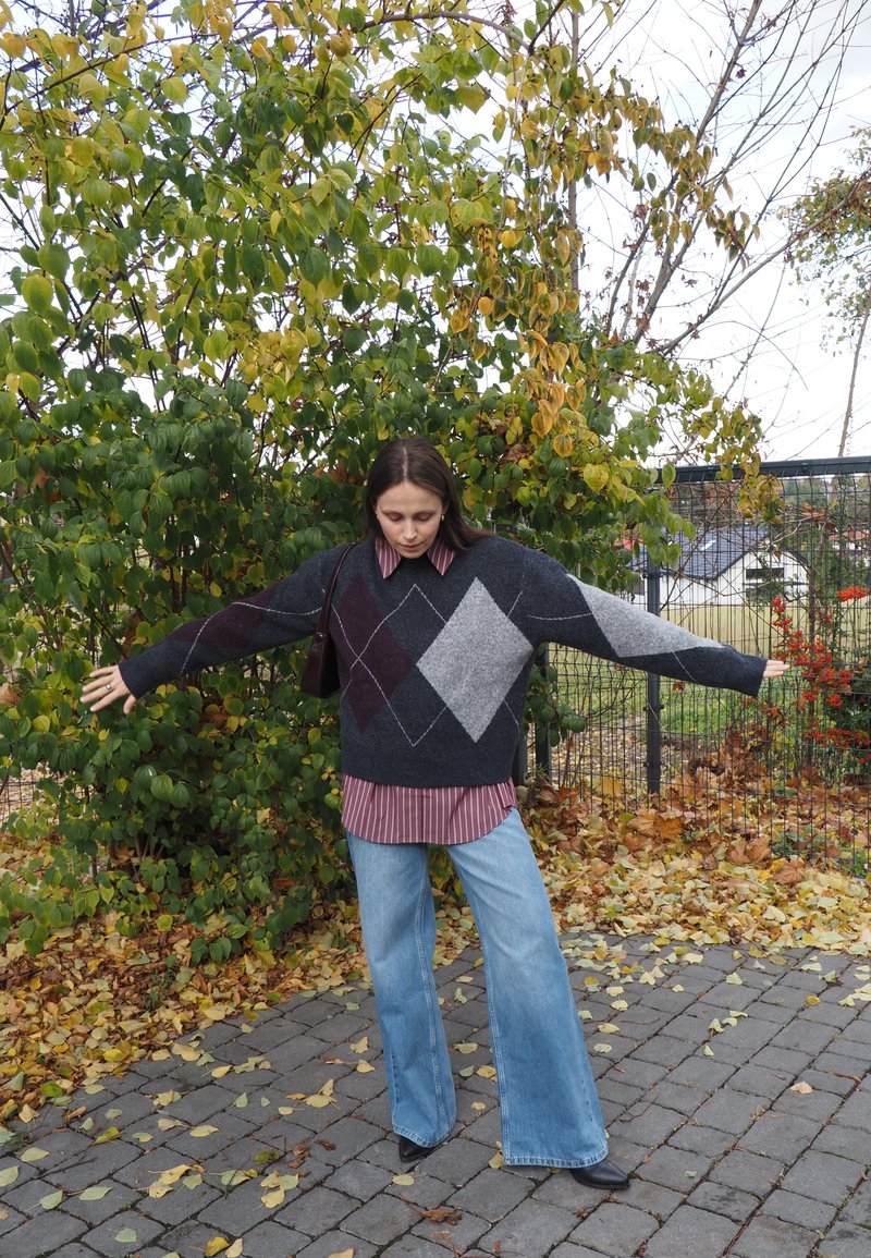 Dunkelgrauer gestrickter Pullover mit Rautenmustern in Grau und Burgunder, über einem pink gestreiften Hemd getragen. Lockere, blaue Schlagjeans, dunkle Schuhe.