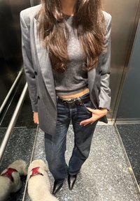Grau gestreifter Blazer über einem grauen, eng anliegenden Top, kombiniert mit weit geschnittenen dunkelblauen Jeans und spitzen schwarzen Stiefeletten, mit einem weißen Hund in der Nähe.