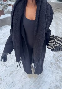 Trench-coat noir sur un body noir, accompagné d'une écharpe noire texturée, de gants noirs et d'une pochette à motif zèbre. Arrière-plan enneigé.