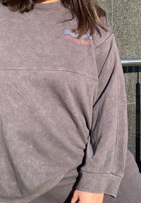 Sudadera gris con puños y cuello acanalados, con texto azul y rojo que dice "Studio Untold" y "TRAVEL BASICS." Tejido liso y con textura.