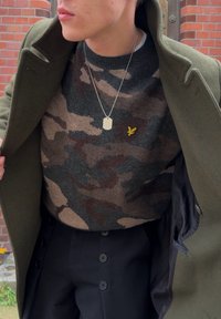 Svetr s maskáčovým vzorem v šedých a béžových vlnených směsích, nošený pod zeleným kabátem. Viditelná výrazná zlatá brož ve tvaru hmyzu a stříbrný náhrdelník se známkou psa.