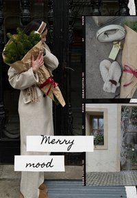 Femme en manteau beige tenant des branches de pin enveloppées avec un ruban rouge, des accessoires d'hiver et des décorations festives visibles à proximité.