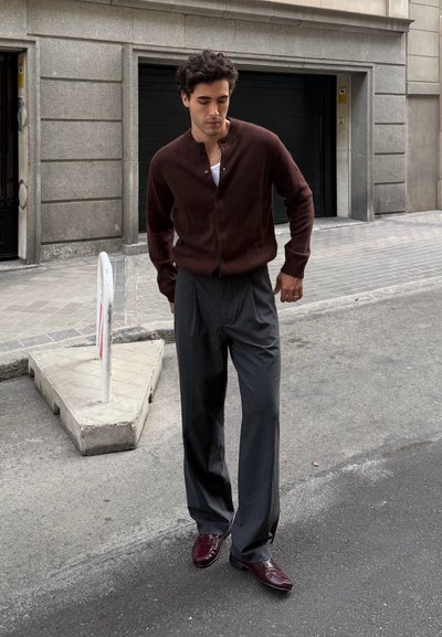 Cárdigan de punto marrón, pantalones de rayas gris, zapatos burdeos oscuros; de pie en la calle cerca de un edificio de piedra gris y la acera.