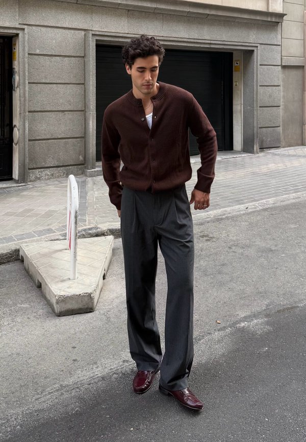 Bruine gebreide cardigan, grijze pinstripe broek, donker bordeauxrode schoenen; staand op straat nabij een grijs stenen gebouw en stoep.