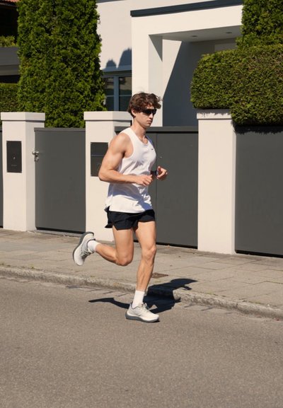 Hombre con camiseta de tirantes blanca, pantalones cortos negros y gafas de sol corre por una calle soleada junto a una casa moderna con altos arbustos verdes y una verja gris.