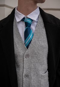 Gilet gris clair texturé avec boutons, porté sur une chemise blanche à col. Une cravate à rayures bleues accentue l'ensemble, associée à un manteau noir.