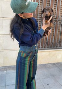 Μπλε υπερμεγέθη πουλόβερ με ραμμένα μανίκια, πράσινα και μπλε ριγέ παντελόνια σε φαρδιά γραμμή και πράσινο καπέλο. Ο κάτοχος σηκώνει ένα καφέ κουτάβι dachshund.