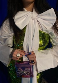 Vestido verde com lantejoulas, colo em laço branco, mangas longas e uma bolsa transparente roxa adornada com um detalhe de laço brilhante.