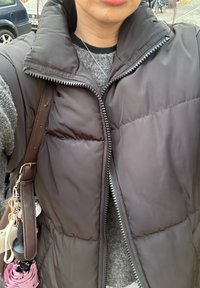 Pūkuota tamsiai ruda viršutinė liemenė su aukšta apykakle, su viso ilgio užtrauktuku ir dekoratyvinėmis siūlėmis. Nešiojama ant pilkos megztinės.