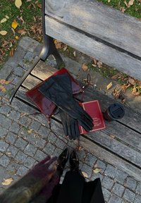Melnu ādas cimdu pāris uz sarkanas teksturētas somas, blakus kafijas krūzei un grāmatai ar bordo vāku, uz koka soliņa ar lapām.