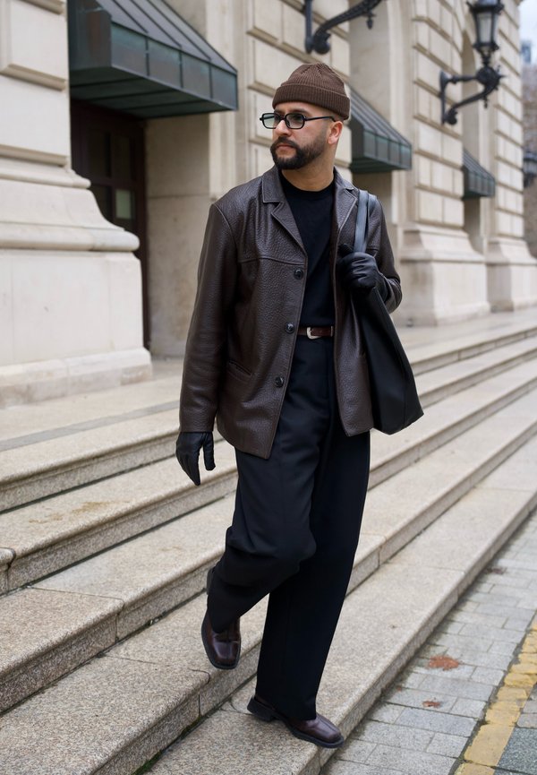 Mężczyzna z brodą, w brązowej skórzanej kurtce, brązowej czapce, czarnych rękawiczkach i okularach, schodzący po kamiennych schodach obok dużego budynku.