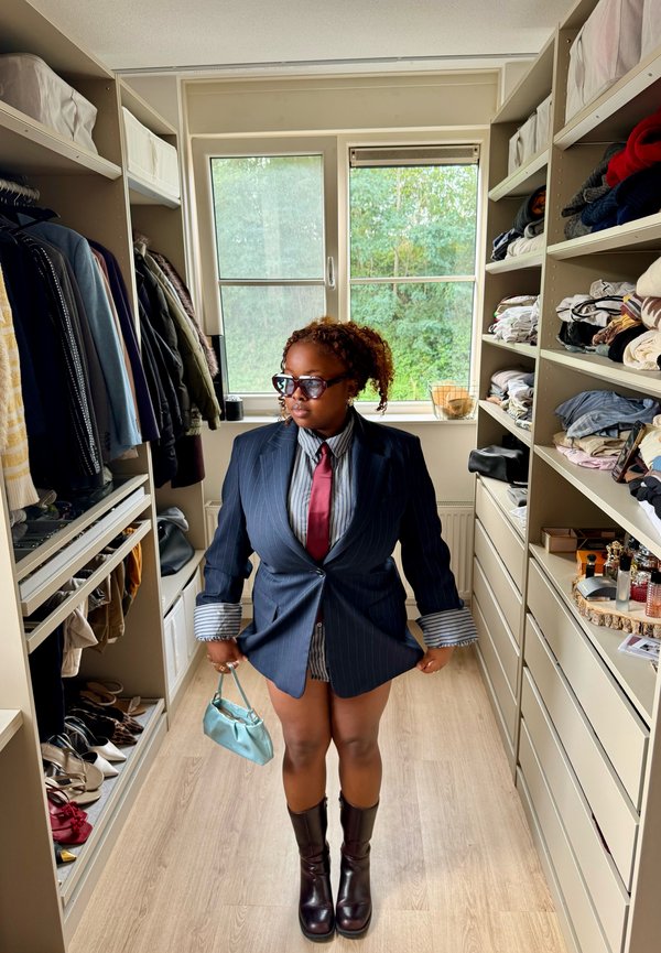 Mujer con blazer de rayas oversize, corbata roja, camisa a rayas, gafas de sol y botas, sosteniendo un pequeño bolso azul en un vestidor.