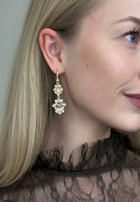 Auksinio tono kabantys auskarai su daugybe skaidrių brangakmenių, fasetuotų ir gėlės formos, išsiskiriantys sudėtingais raštais ir kabliuko užsegimu.