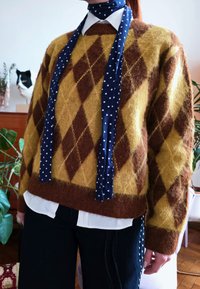 Άτομο που φοράει πουλόβερ μουσταρδί με σχέδιο αργκλάι, λευκό πουκάμισο με γιακά, μπλε σκούρο μαντήλι με πουά δεμένο γύρω από το λαιμό και σκούρο παντελόνι.