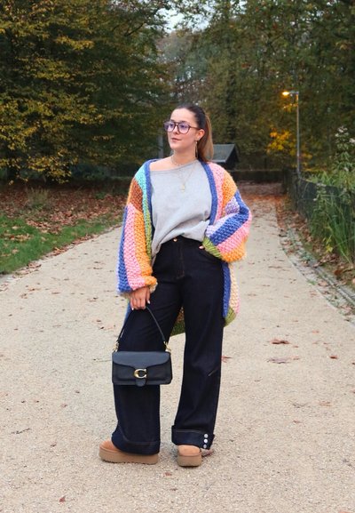 Cárdigan de colores, suéter gris, jeans oscuros de cintura alta con detalles de botones, zapatos de plataforma marrones, bolso negro. Entorno al aire libre.