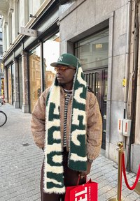 Chaqueta marrón de pata de gallo, camisa a rayas debajo. Bufanda verde y crema con texto en negrita. Gorra verde y gafas de sol. Bolsa de compras roja.