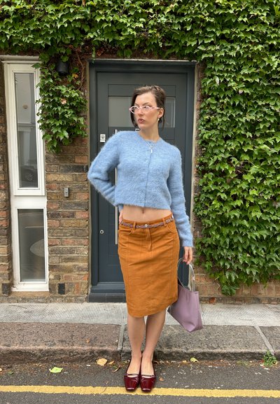 Cardigan corto de color azul claro y borroso; falda ajustada de color óxido; gafas de color rosa pálido; bolso morado; zapatos de color rojo oscuro; pared de ladrillos, vegetación.