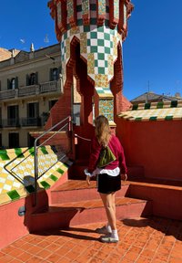 Colourful ceramic tiles in green, yellow, and white, set against a red textured wall with a patterned tower in the background. There are brick steps and bright sunlight.