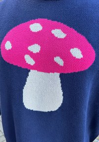 Maglione blu navy con un grande design di un fungo rosa con macchie bianche, texture lavorata a maglia. Il fungo è posizionato centralmente sul retro.