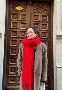 Καφέ μάλλινο παλτό πάνω από μαύρη μπλούζα, συνδυασμένο με φωτεινή κόκκινη μ scarf. Ξύλινη πόρτα με γεωμετρικά σχέδια στο φόντο προσθέτει υφή.