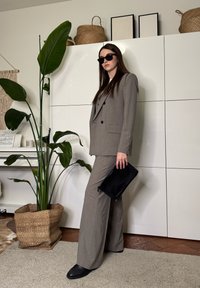 Femme portant un costume pantalon gris et des lunettes de soleil noires, tenant une pochette noire, debout à côté d'une grande plante verte en pot dans un salon moderne.